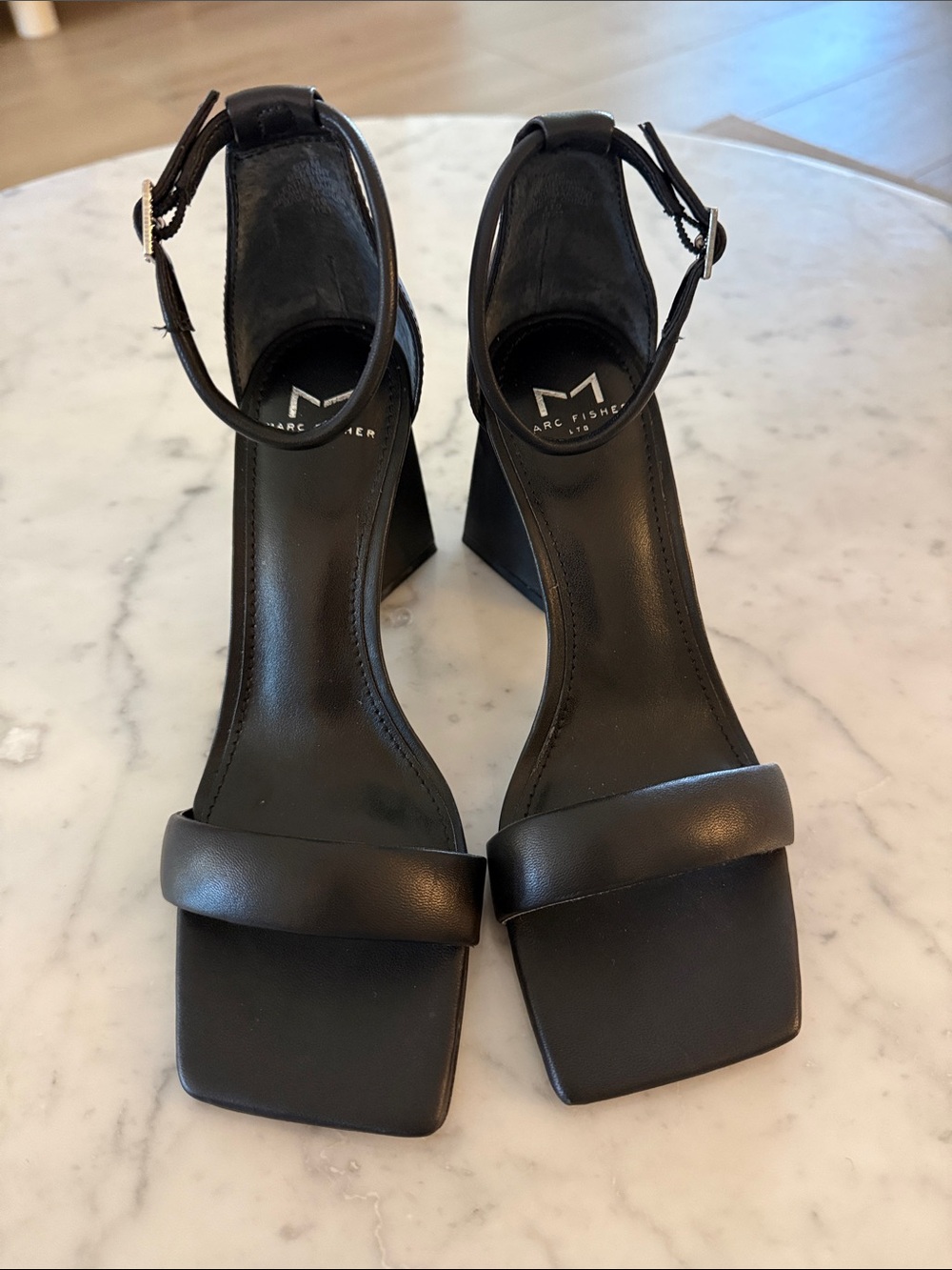 Marc Fisher LTD Black Leather Ankle-Strap Block Heel Sandals